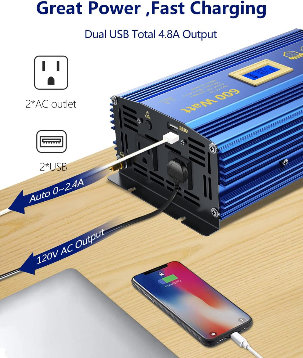 600 Watts Pure Sine Wave Power Inverter DC 12V to AC 110V 120V with USB Port & LCD Display K1861