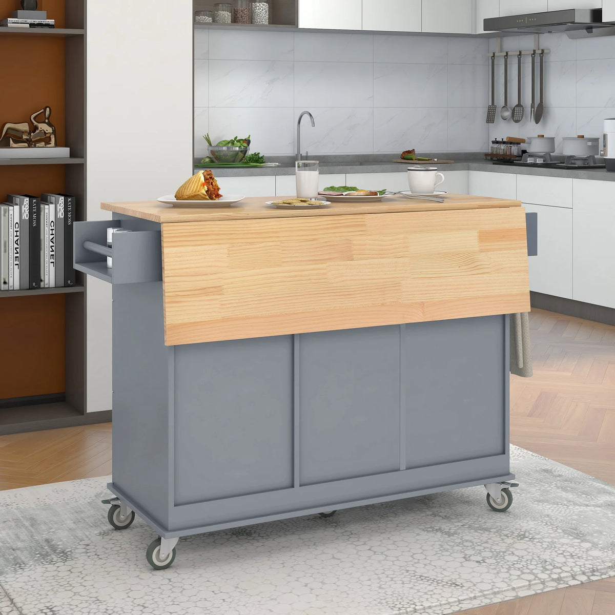 Blue Rolling Kitchen Cart with Drop Leaf Wood Top J346