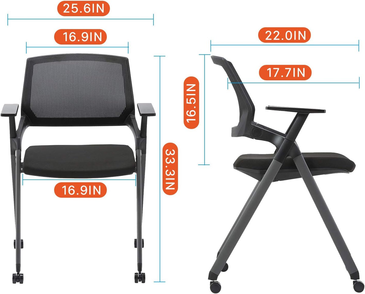 Black Mesh Stack Chairs with Caster Wheels and Arms 2 Pack N98676