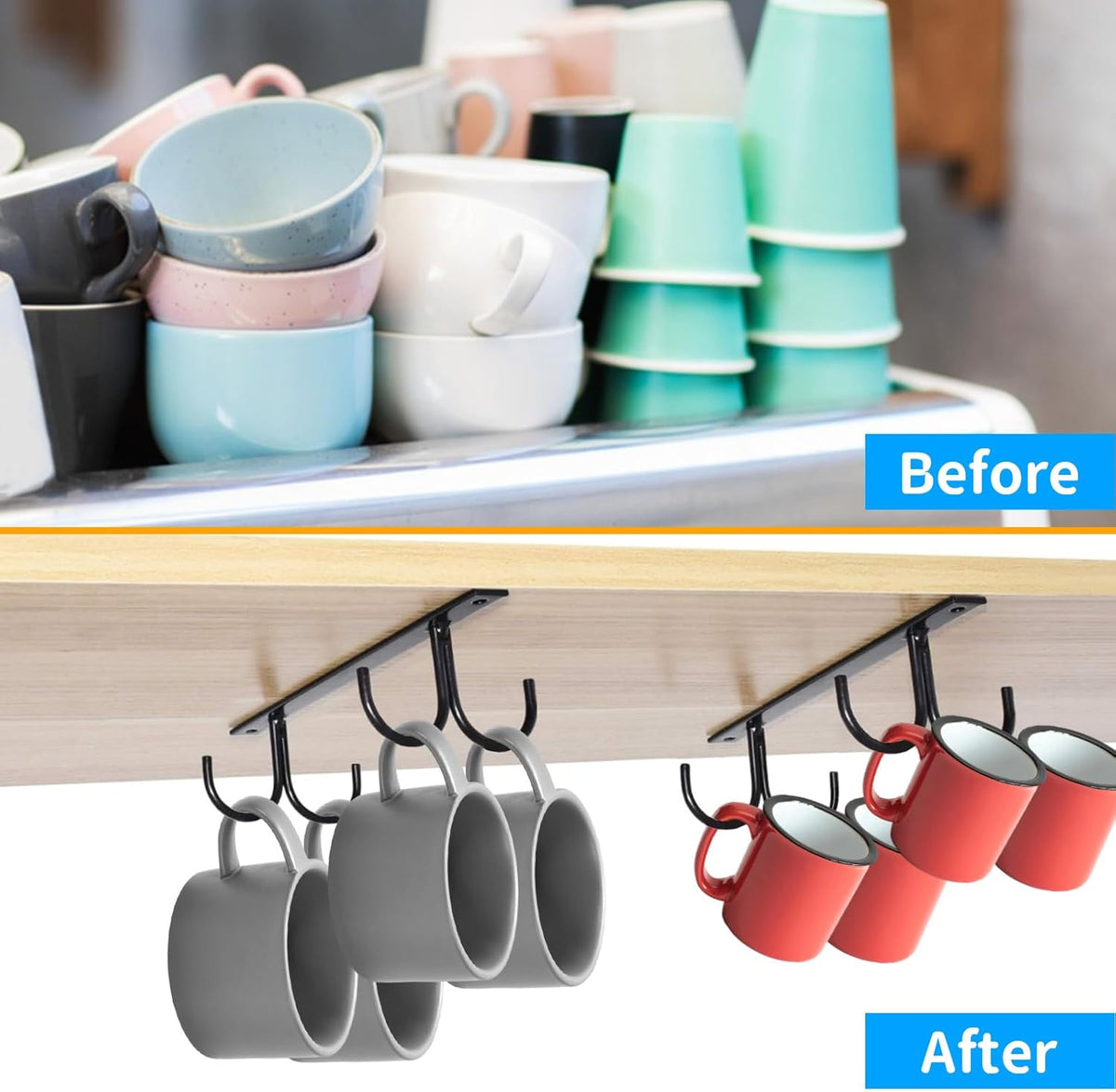 6 Pack Black Under Cabinet Mug Rack with 24 Hooks J823465