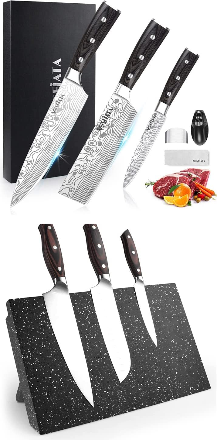 3 PCS German High Carbon Stainless Steel Chef Knife Set with Magnetic Knife Block I2328