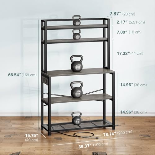 39.4 Inch Wide 5-Tier Bakers Rack with 3 Power Outlets (Black) I444