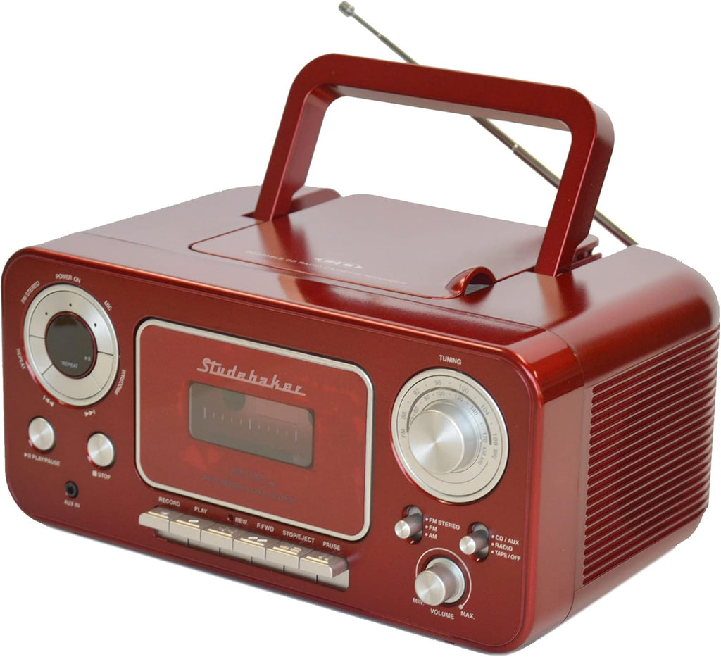 Portable Stereo CD Player with AM/FM Radio and Cassette Player in Red and Silver T395