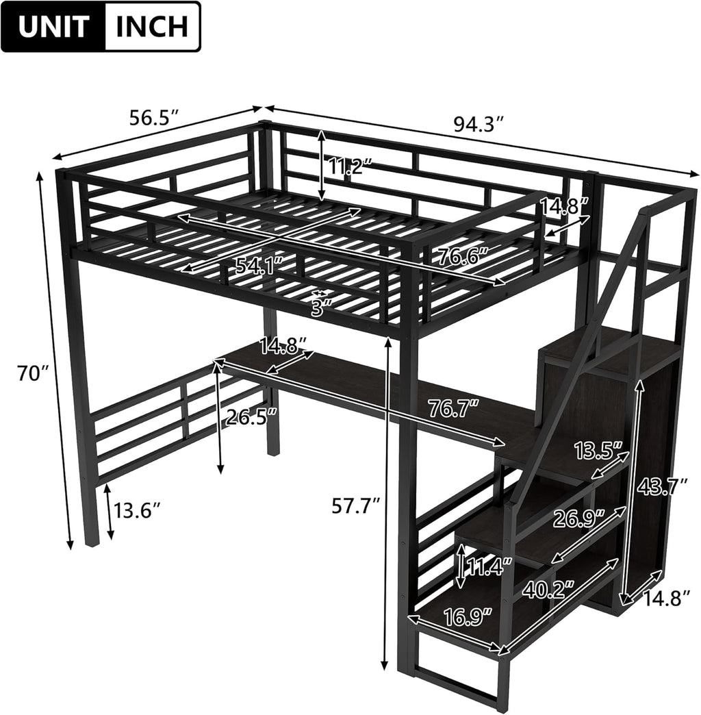 Black Full Size Metal Loft Bed with Desk and Wardrobe P483582