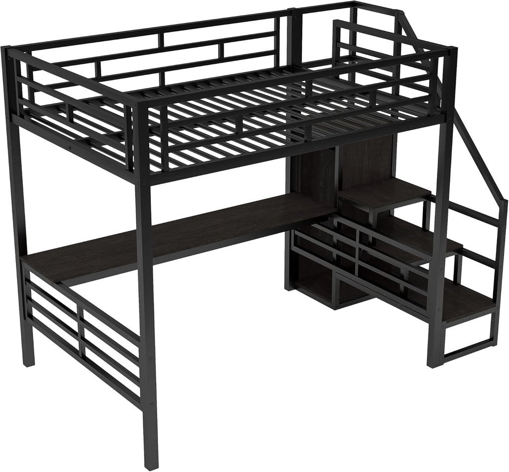 Black Full Size Metal Loft Bed with Desk and Wardrobe P483582
