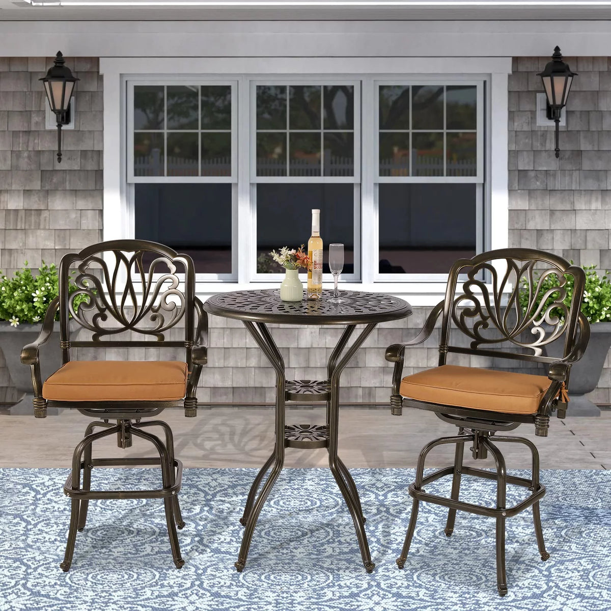 3-Piece Cast Aluminum Patio Swivel Bar Stools Set with Bar Table P711275