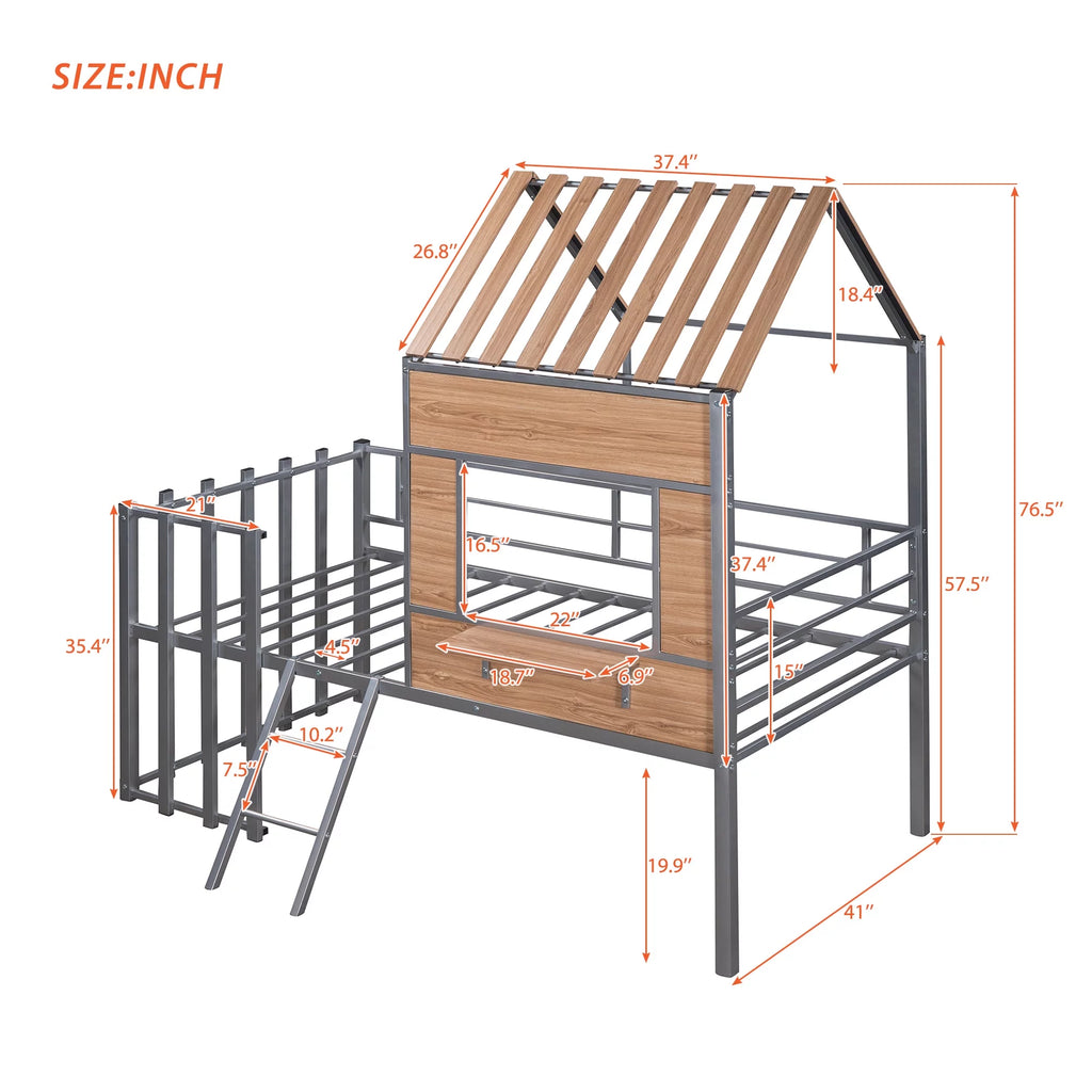 Twin Size Metal Loft Bed with Roof and Window V934