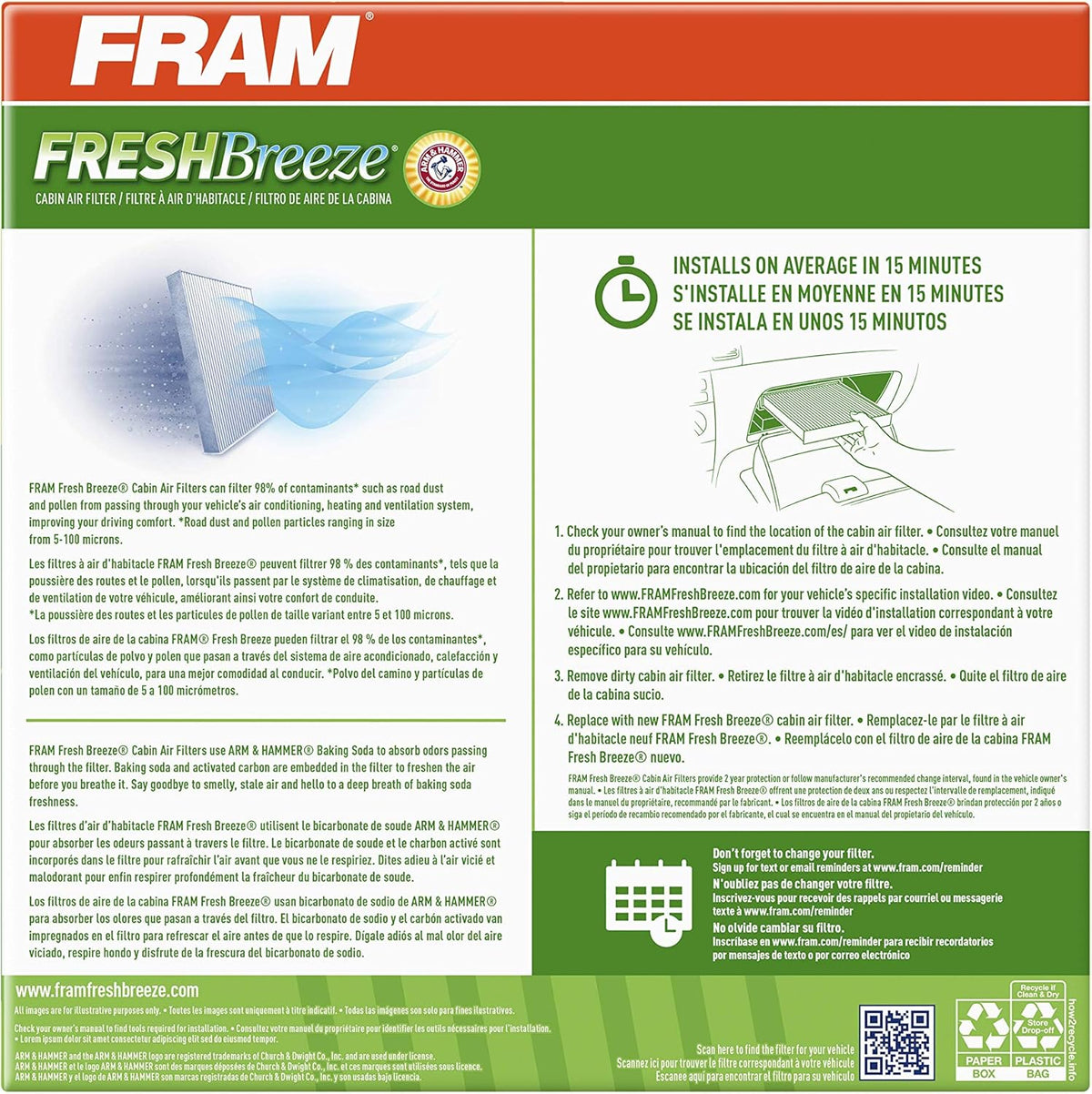 Fresh Breeze Cabin Air Filter with Arm & Hammer Baking Soda, Pack of 2 R8801