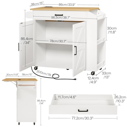 White Kitchen Island with Drop Leaf Countertop & Power Outlet W4625