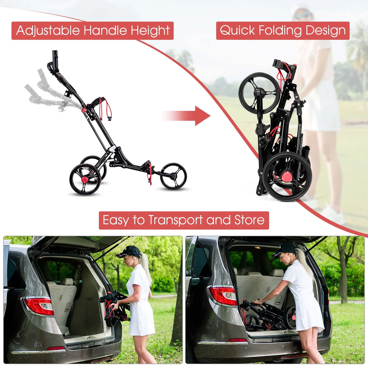 Foldable 3 Wheel Steel Golf Push Cart with Umbrella Holder K1762