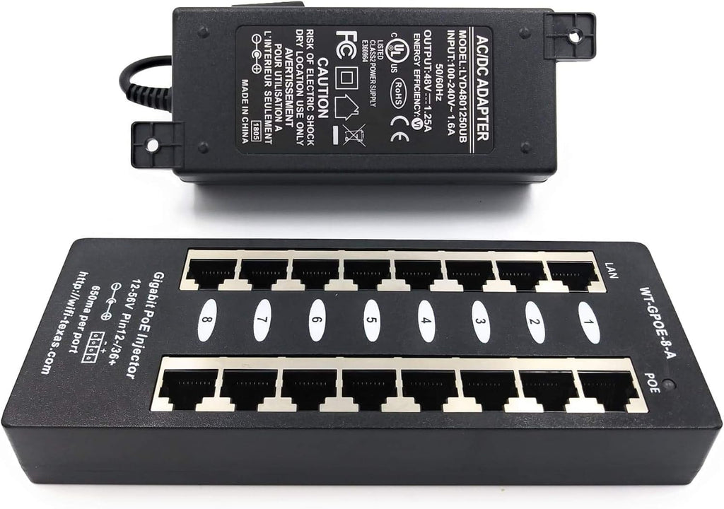 8 Port Gigabit Passive PoE Injector with 48 Volt 60 Watt Power Supply S72637