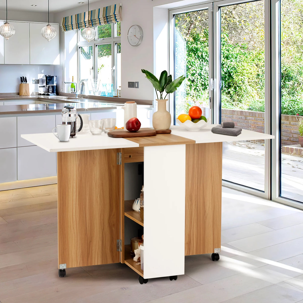 Folding Dining Table with 6 Wheels, Drawer and Storage Shelf, White and Wood Grain C61671