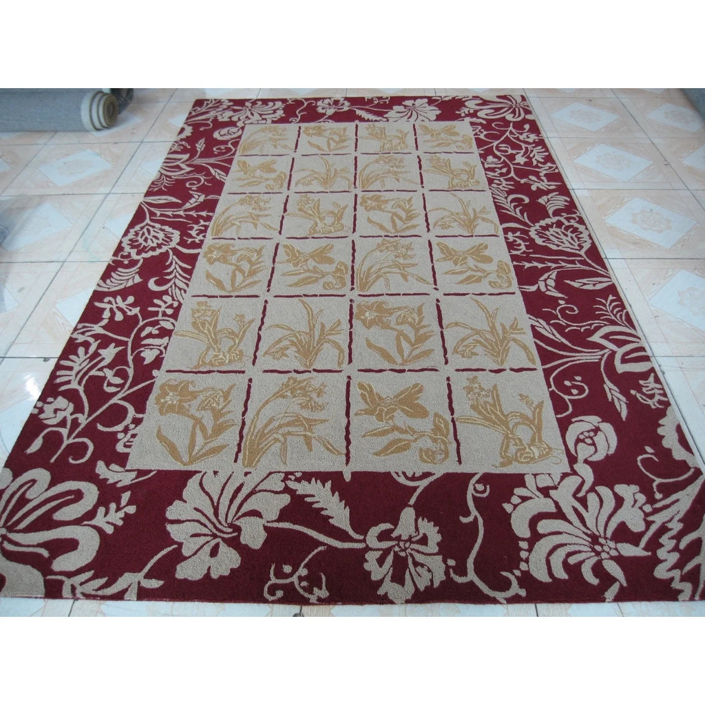 Ivory/Green Floral Wool Area Rug V41953