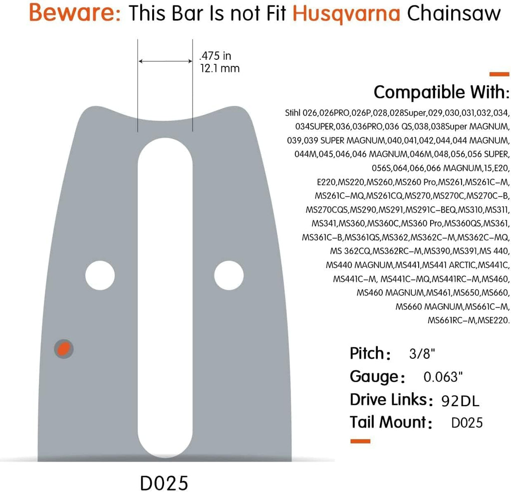 28 Inch Laminated Chainsaw Guide Bar Saw Chain Combo 3/8 Pitch 0.063 Gauge 92DL Pack of 2 U205939