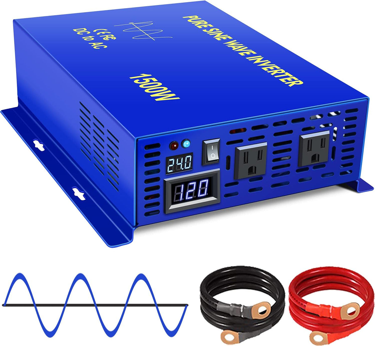 1500W Pure Sine Wave Power Inverter 24V DC to 110V 120V AC with LED Display Dual AC Outlets A303