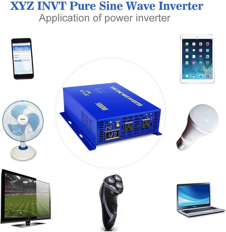 1500W Pure Sine Wave Power Inverter 24V DC to 110V 120V AC with LED Display Dual AC Outlets A303