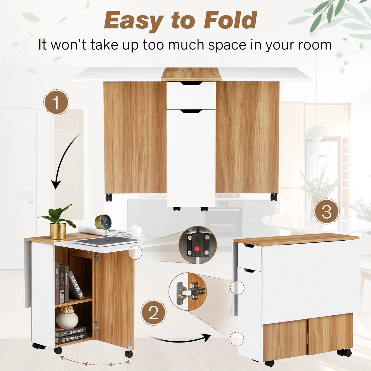 Folding Dining Table with 6 Wheels, Drawer and Storage Shelf, White and Wood Grain C61671