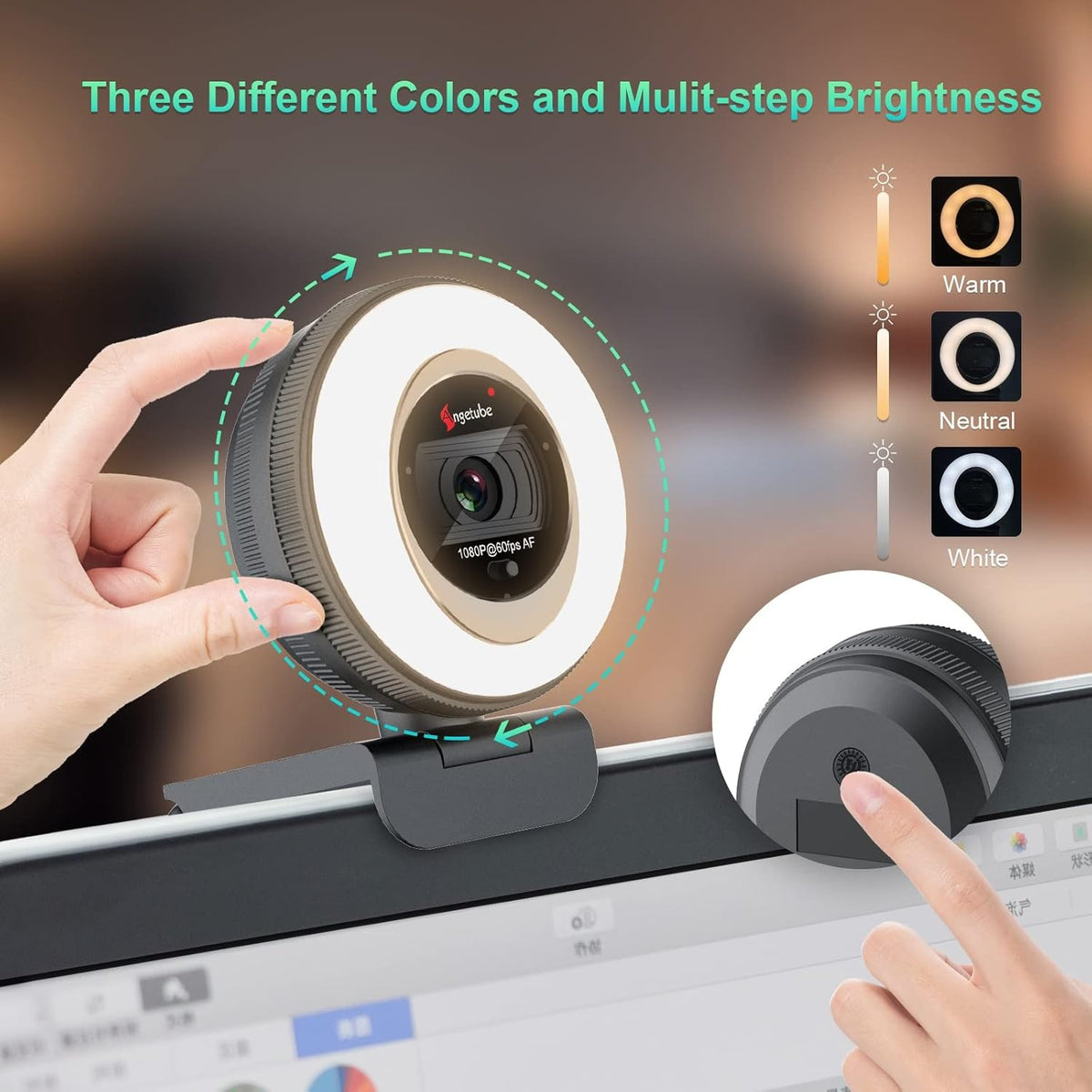 60FPS 1080P Streaming Webcam with Ring Light and Privacy Cover S764971