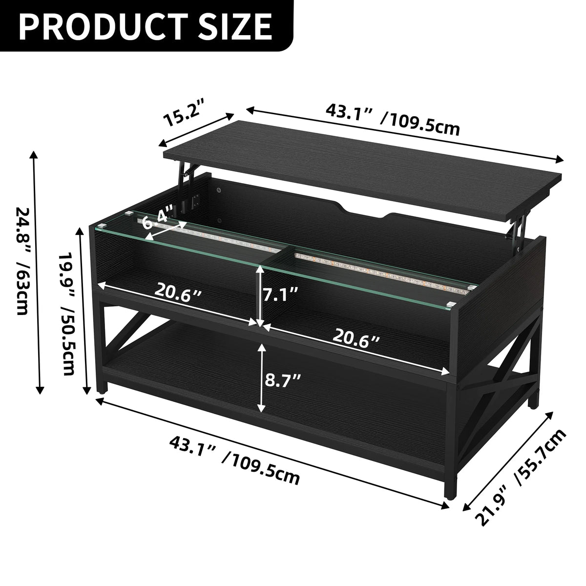 Black Lift Top Coffee Table with Storage H629