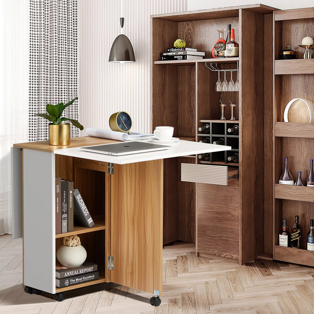 Folding Dining Table with 6 Wheels, Drawer and Storage Shelf, White and Wood Grain C61671