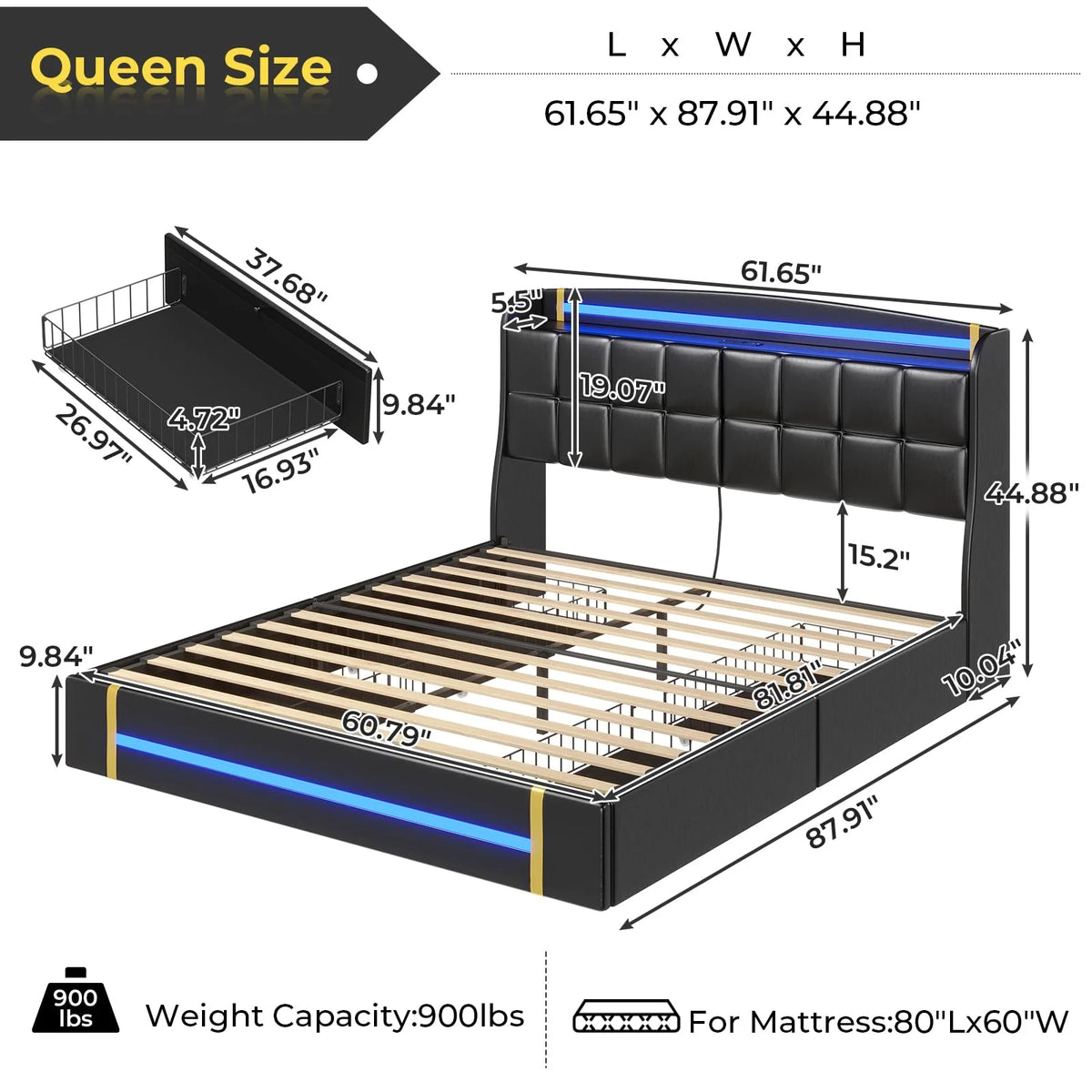 Queen Bed Frame with LED Lights and Charging Station, Upholstered Platform Bed Frame with Hidden Storage and 4 Drawers, Black L597557