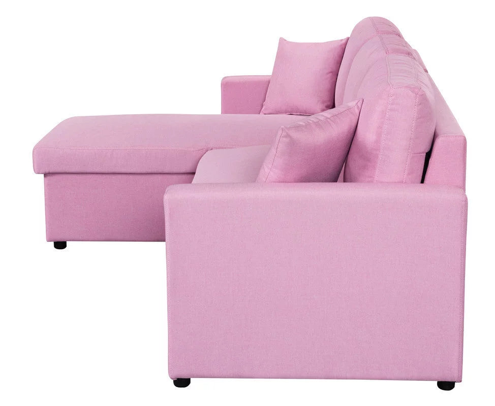 Pink Linen Reversible Sleeper Sectional Sofa with Storage L387