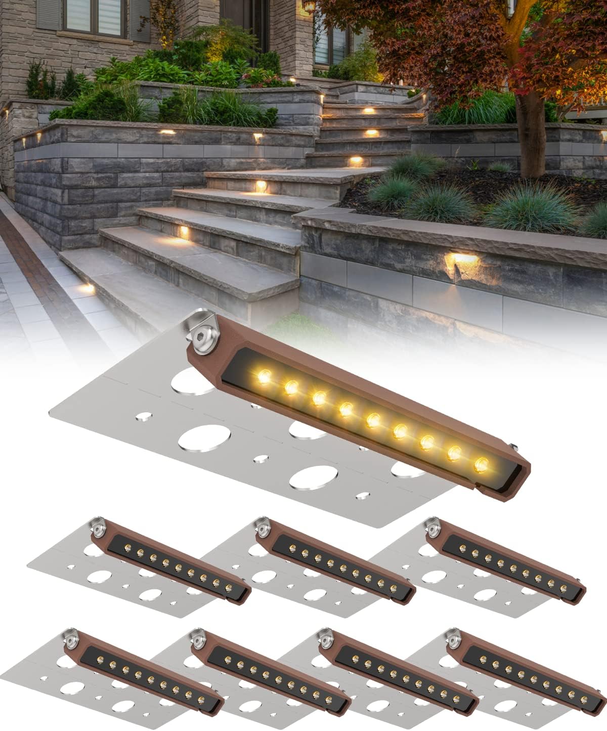 8-Pack 7 Inch LED Hardscape Lighting, IP68 Waterproof, Low Voltage 12-36V AC/DC Landscape Lighting Outdoor Step Lights, 2700K Warm White I218170