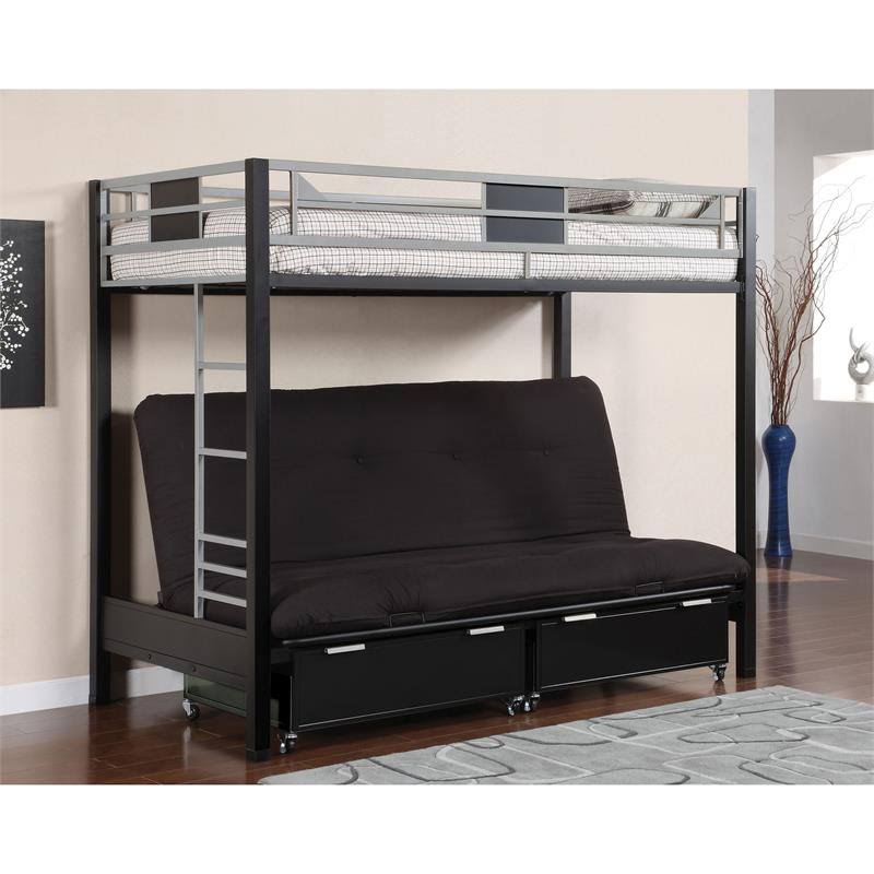 Metal Twin Over Futon Bunk Bed in Black and Silver W256