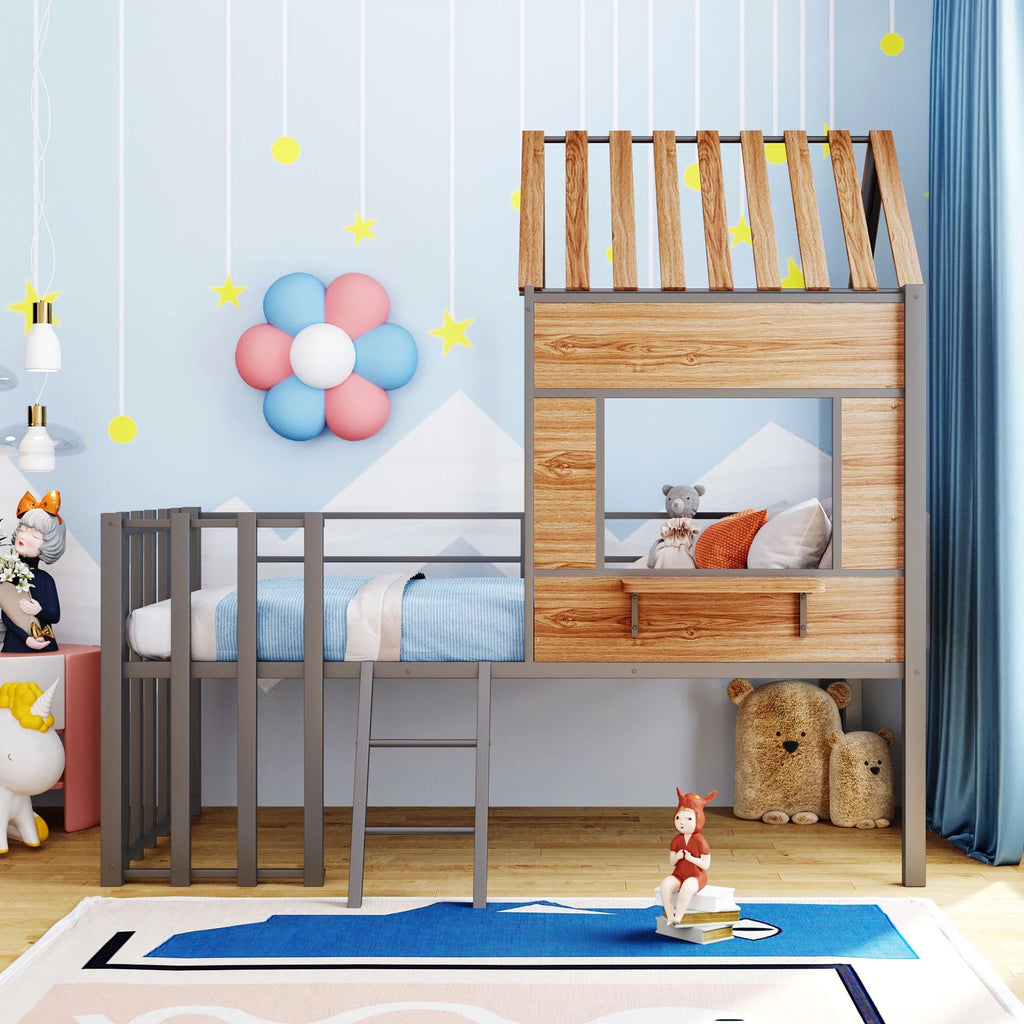 Twin Size Metal Loft Bed with Roof and Window V934