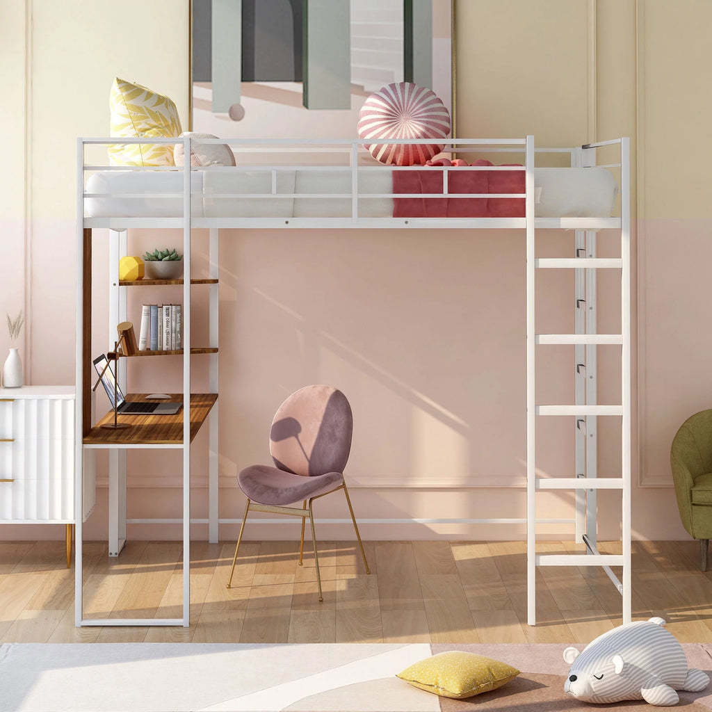 White Full Size Metal Loft Bed with Shelves and Desk I116361