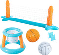 Light Blue Inflatable Pool Game Set with Volleyball Net, Basketball Hoops and Balls D5216