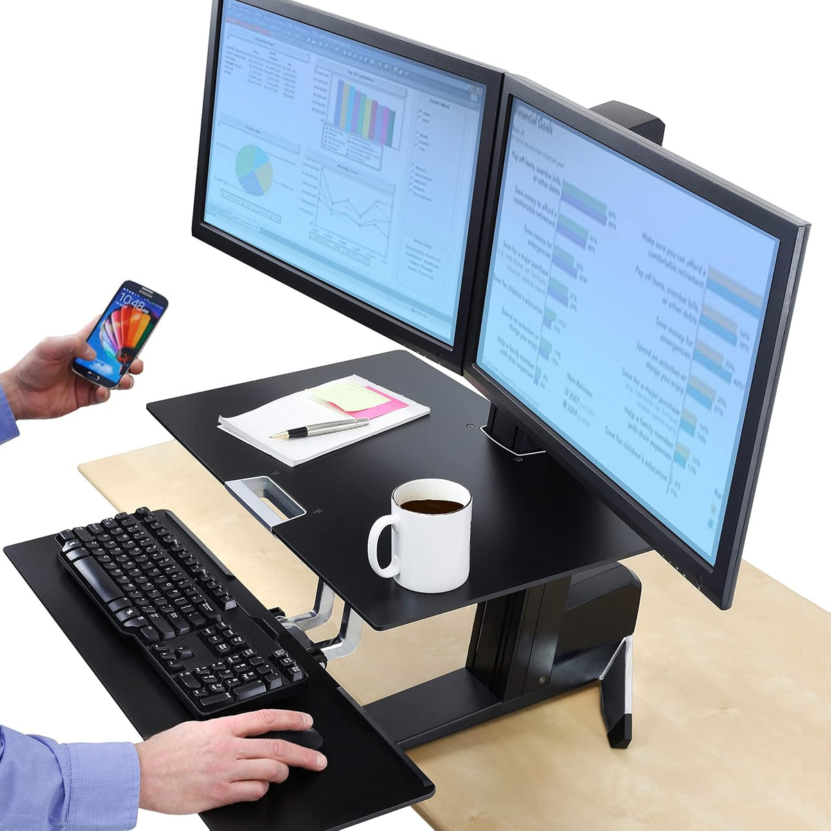 Black Sit Stand Dual Monitor Standing Desk Converter with Worksurface K869