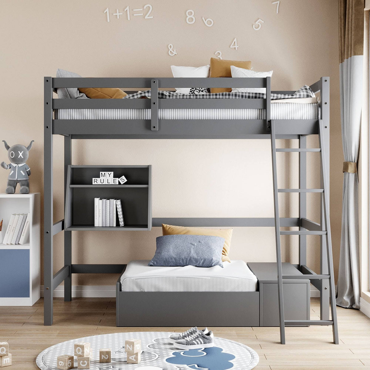White Twin Loft Bed with Storage Drawer & Shelf J805