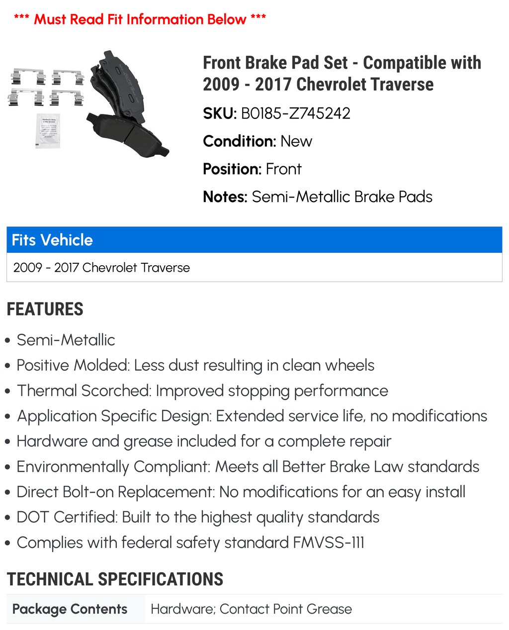 Front Brake Pad Set X328