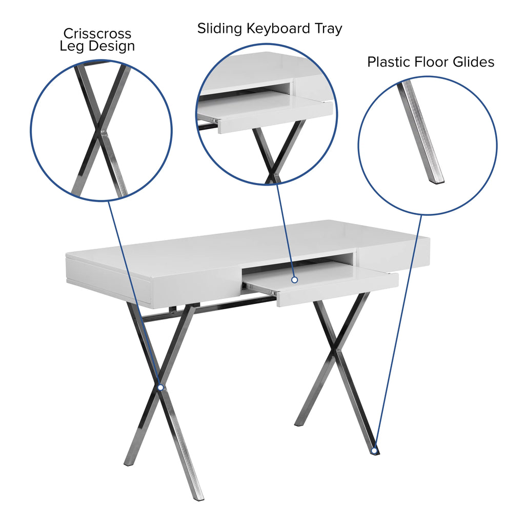 White Computer Desk with Keyboard Tray and Drawers Q94891
