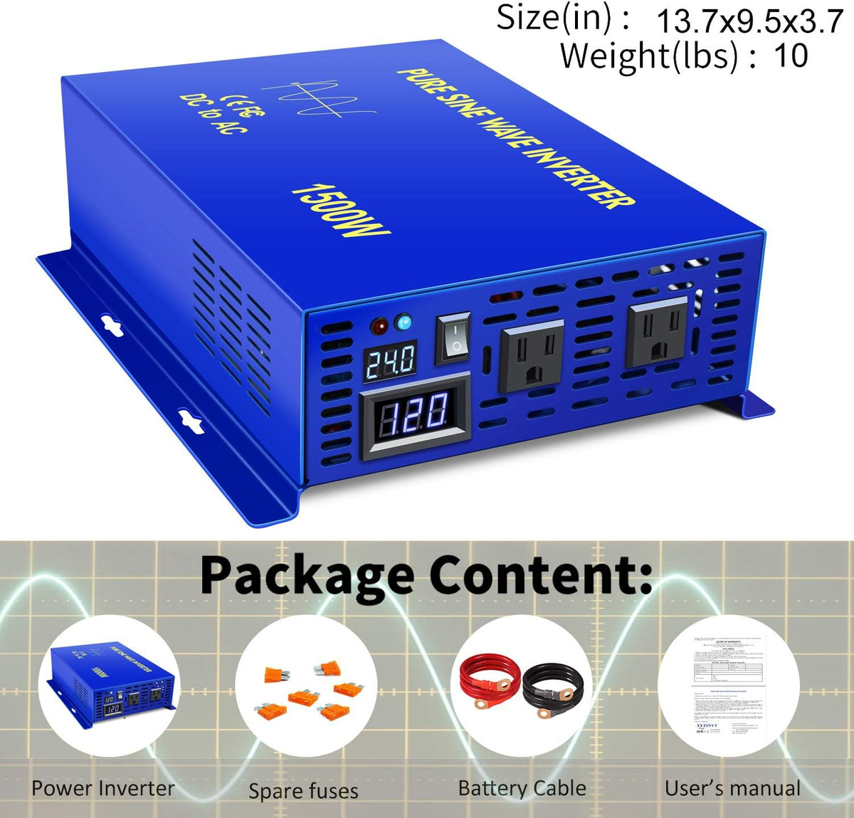 1500W Pure Sine Wave Power Inverter 24V DC to 110V 120V AC with LED Display Dual AC Outlets A303