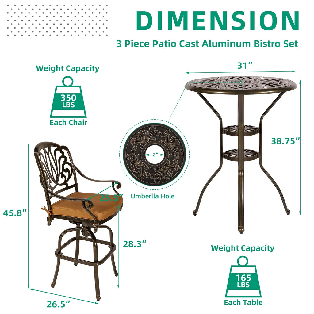 3-Piece Cast Aluminum Patio Swivel Bar Stools Set with Bar Table P711275