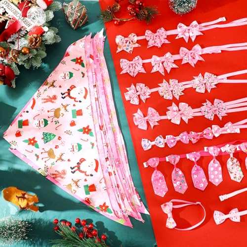 48 Pcs Pink Christmas Dog Bandanas Bow Collars and Ties Set Y311181