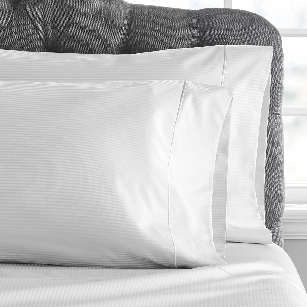 4-Piece 600 Thread Count White Striped Cotton Bed Sheet Set T935