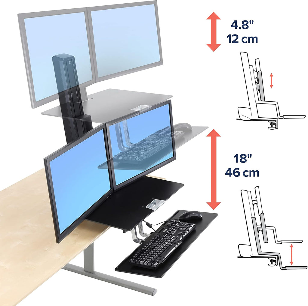 Black Sit Stand Dual Monitor Standing Desk Converter with Worksurface K869