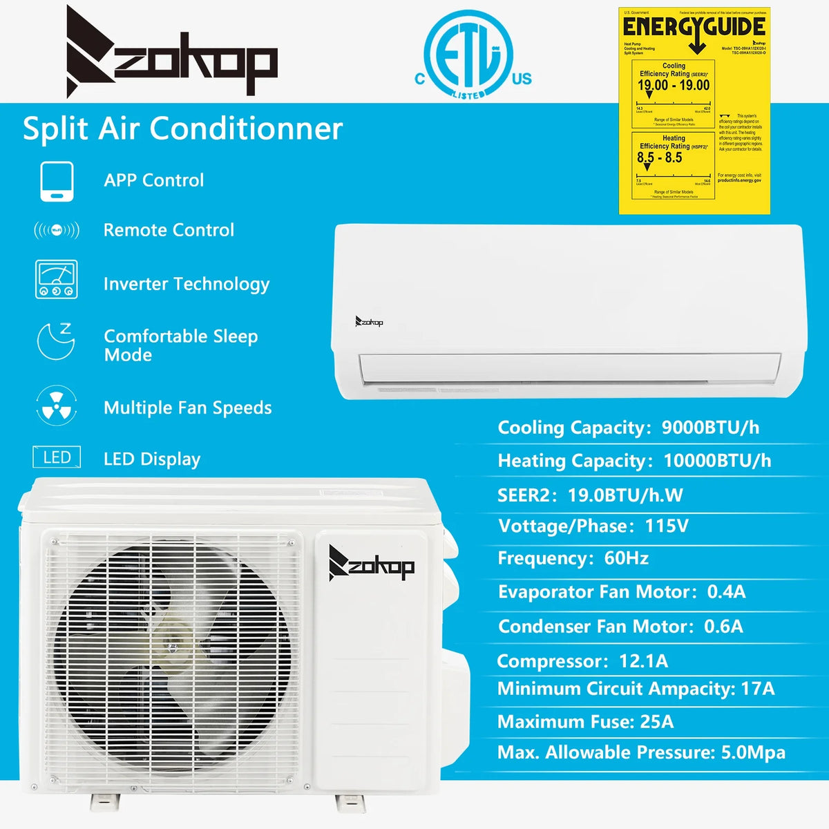 9000 BTU Wifi Enabled 19 Seer Mini Split Air Conditioner & Heater N9714