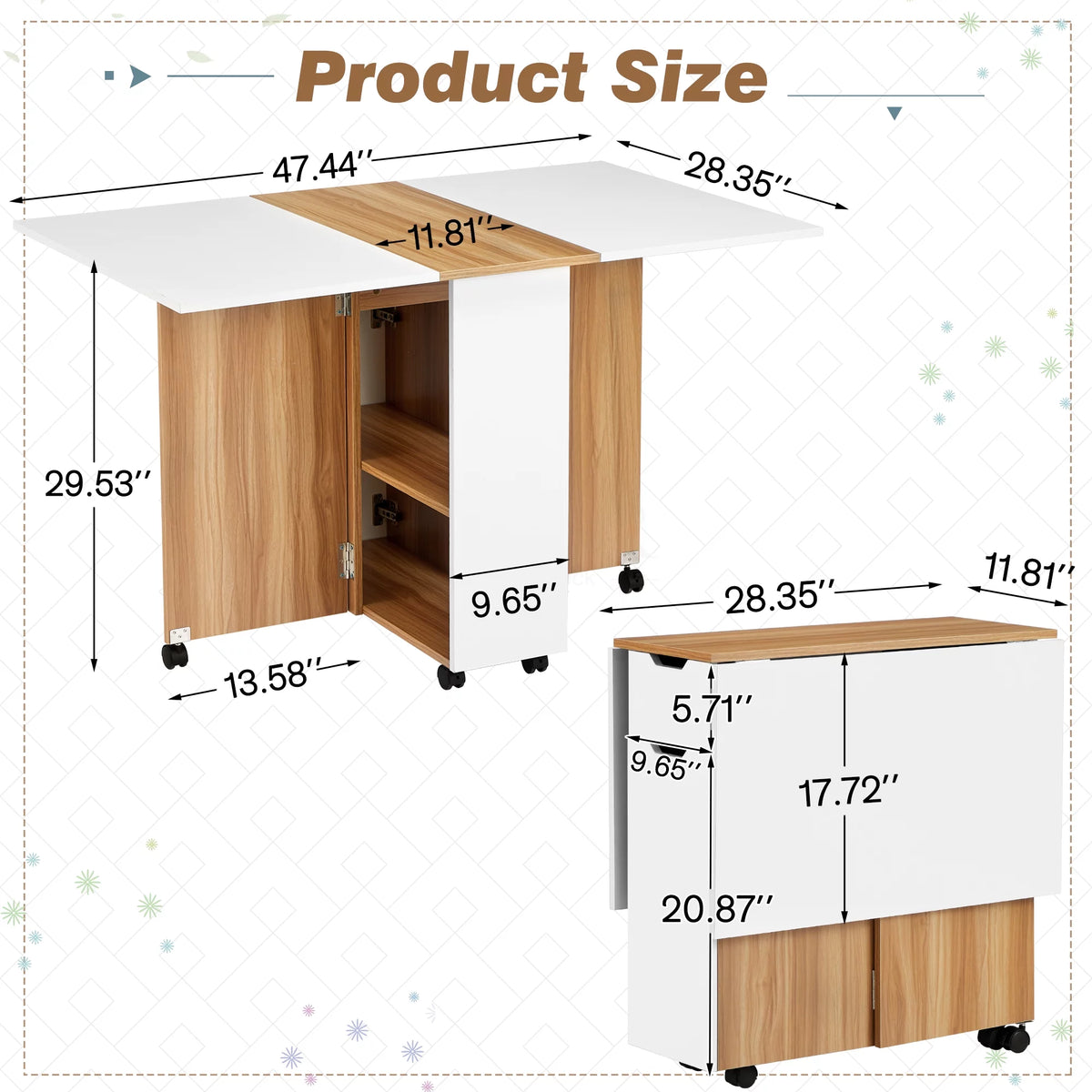 Folding Dining Table with 6 Wheels, Drawer and Storage Shelf, White and Wood Grain C61671