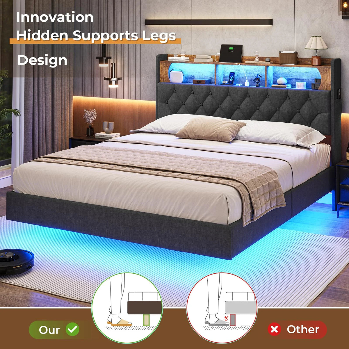 Full Size Floating Bed Frame with Charging Station and LED Lights O62319