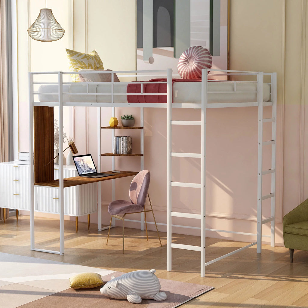 White Full Size Metal Loft Bed with Shelves and Desk I116361