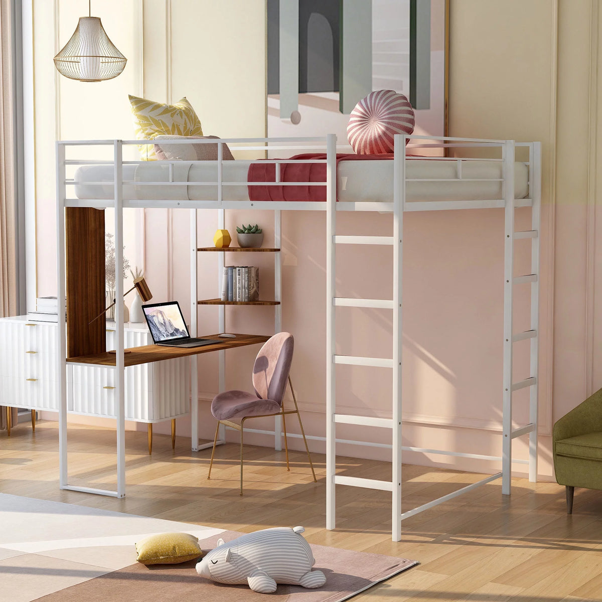 White Full Size Metal Loft Bed with Shelves and Desk I116361
