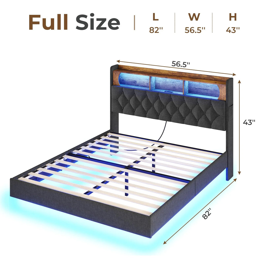 Full Size Floating Bed Frame with Charging Station and LED Lights O62319